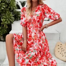 Chiffon Floral Pattern V Neck Women Summer Midi Dress