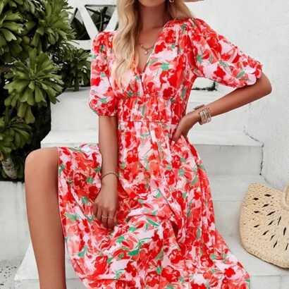 Chiffon Floral Pattern V Neck Women Summer Midi Dress