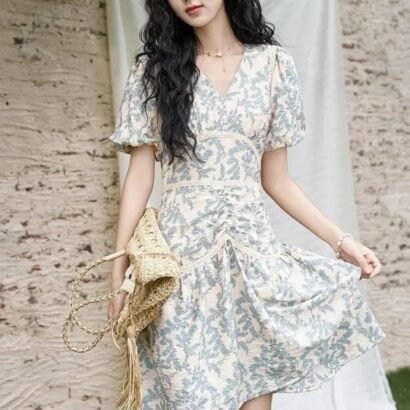 Chic Floral Pattern V Neck Puff Sleeves Women A-Line Dress
